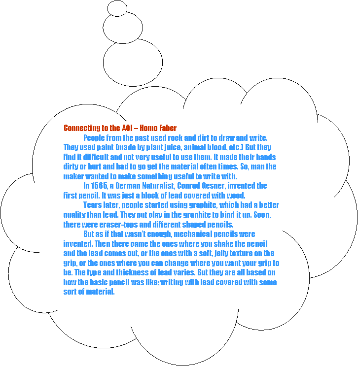 Cloud Callout: Connecting to the AOI  Homo Faber     People from the past used rock and dirt to draw and write. They used paint (made by plant juice, animal blood, etc.) But they find it difficult and not very useful to use them. It made their hands dirty or hurt and had to go get the material often times. So, man the maker wanted to make something useful to write with.      In 1565, a German Naturalist, Conrad Gesner, invented the first pencil. It was just a block of lead covered with wood.     Years later, people started using graphite, which had a better quality than lead. They put clay in the graphite to bind it up. Soon, there were eraser-tops and different shaped pencils.     But as if that wasnt enough, mechanical pencils were invented. Then there came the ones where you shake the pencil and the lead comes out, or the ones with a soft, jelly texture on the grip, or the ones where you can change where you want your grip to be. The type and thickness of lead varies. But they are all based on how the basic pencil was like; writing with lead covered with some sort of material.